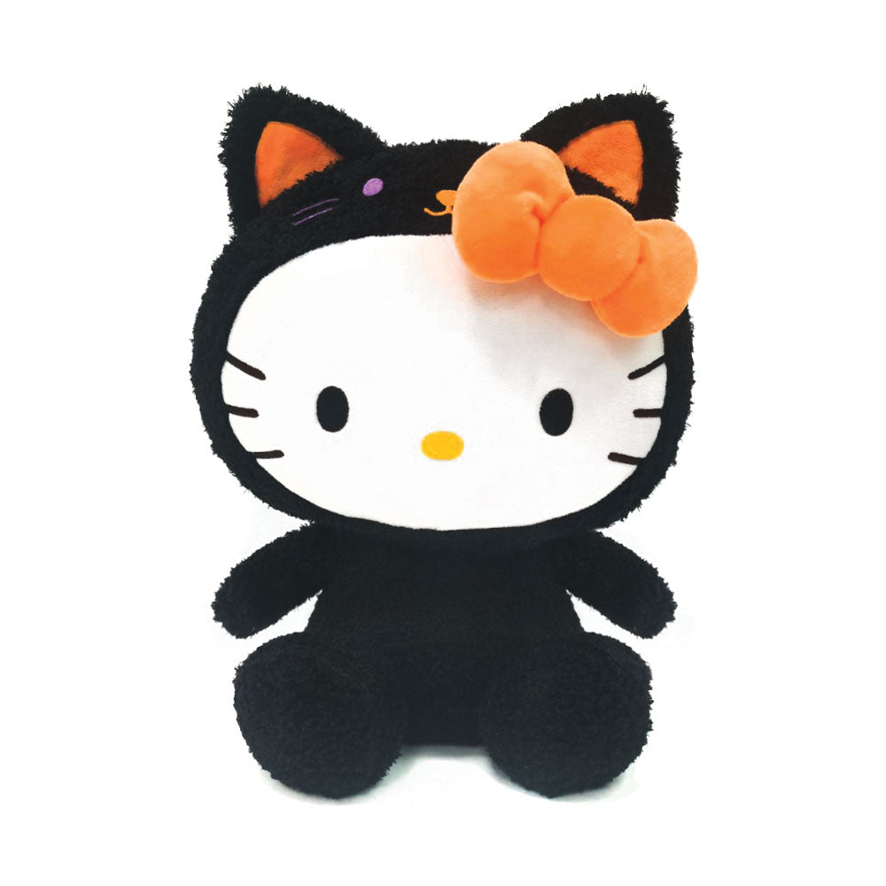 A Hello Kitty Black Cat plush toy of a white cat character wearing a black cat costume with an orange bow.