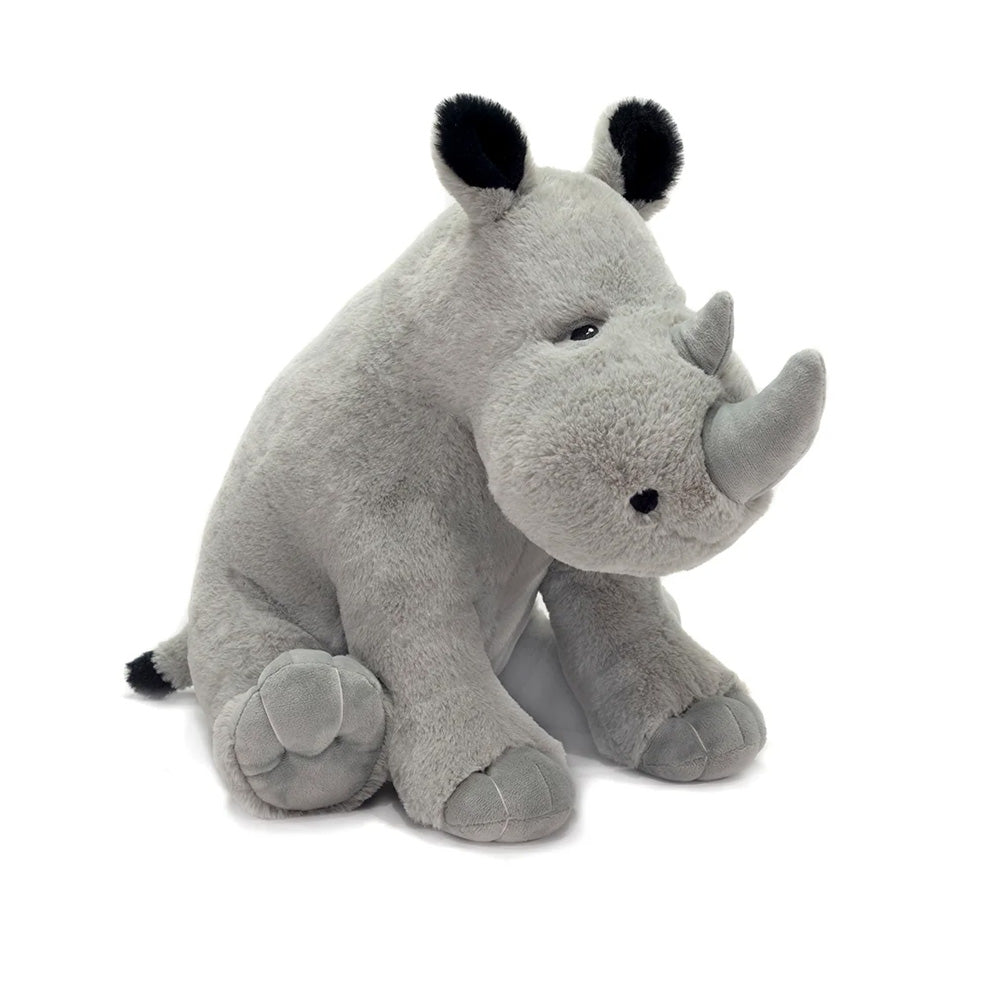 An Earth Pals White Rhino plush sitting upright with black-tipped ears.
