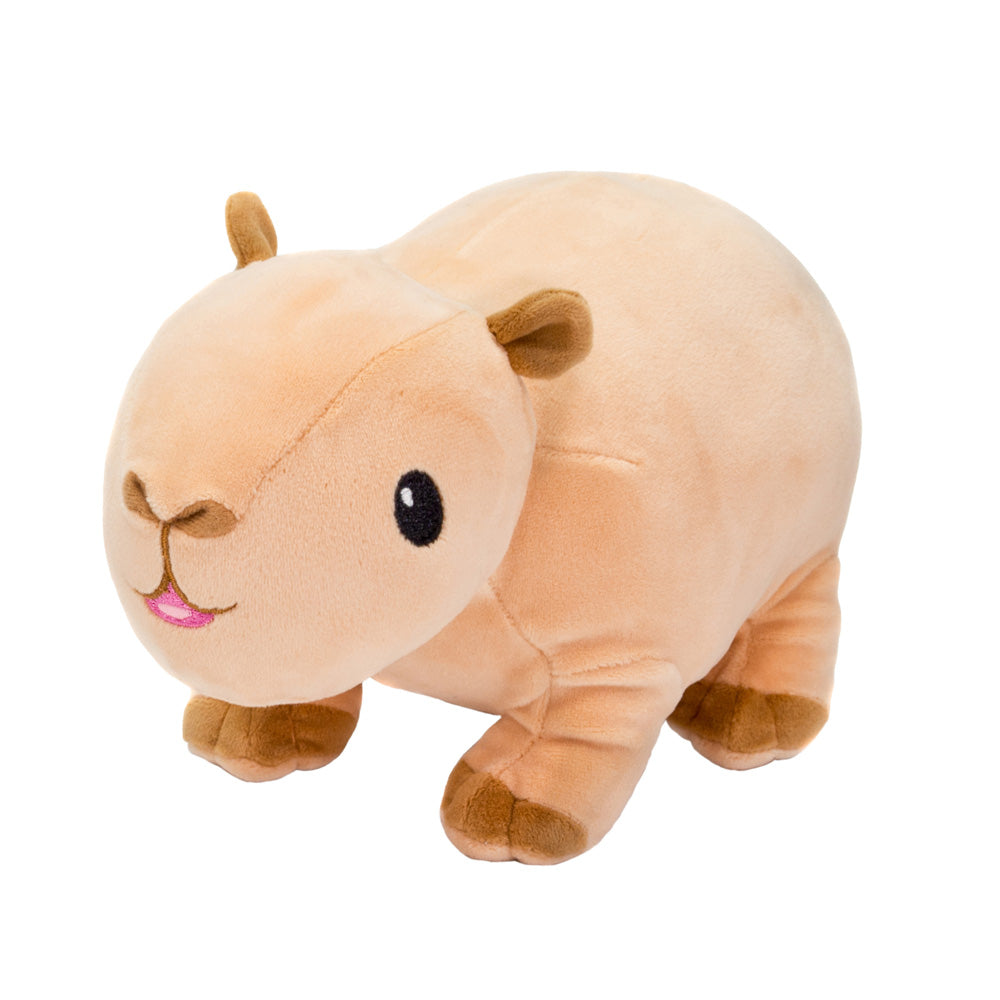 The Squish Capybara Plush is a soft, light brown stuffed animal with dark brown feet, a round body, small ears, black eyes, and a pink smiling mouth—an ideal cuddle companion for any plush lover.