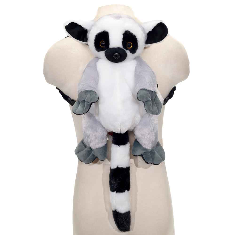 The Lemur Backpack, a child-safe plush bag, features large eyes, gray and white fur, a long striped tail, and outstretched limbs—making it the perfect soft backpack for kids. Shown here strapped onto a mannequin torso.