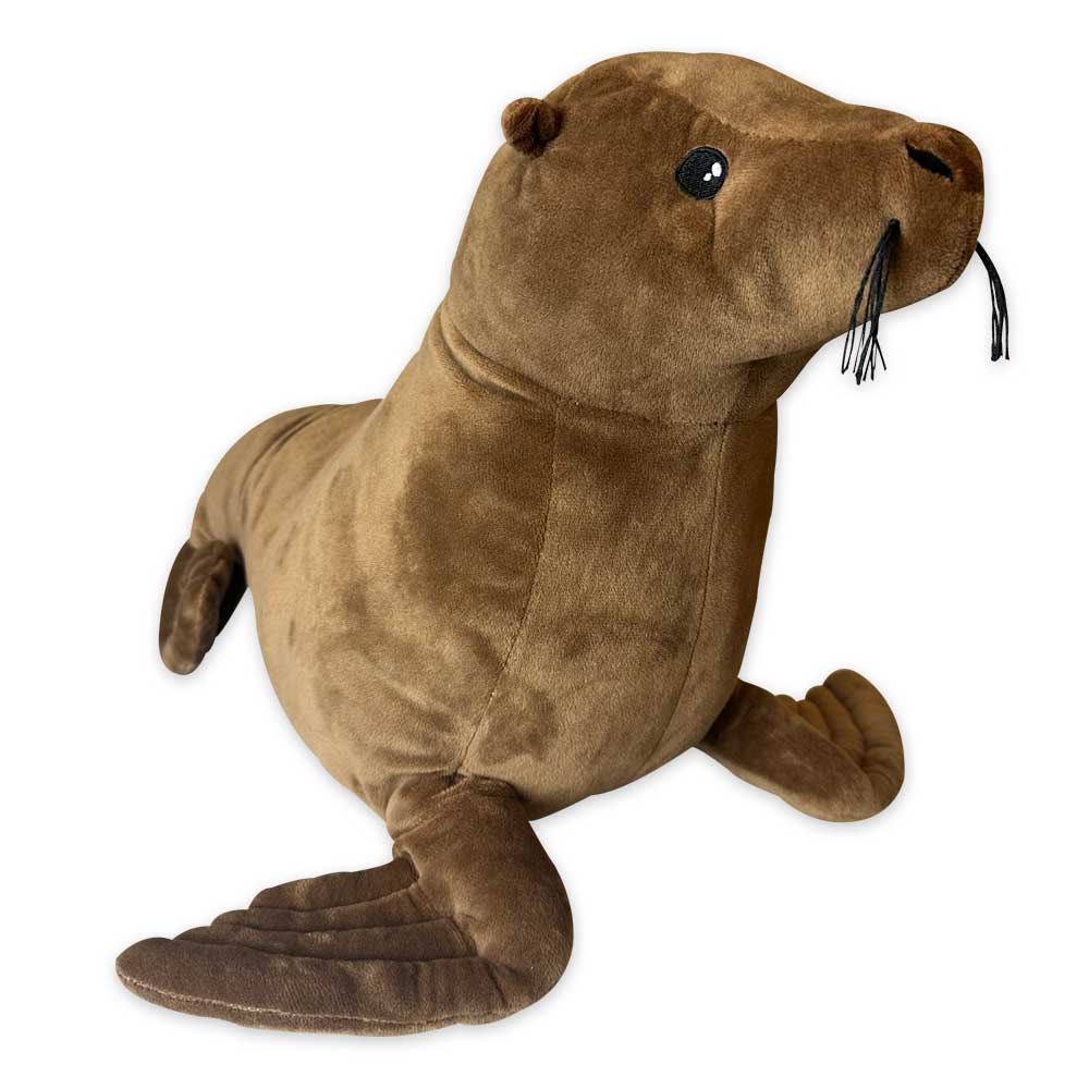 The Earth Pal Sea Lion Plush is a brown sea lion toy with stitched flippers, black whiskers, and an embroidered face, made from eco-friendly recycled materials.