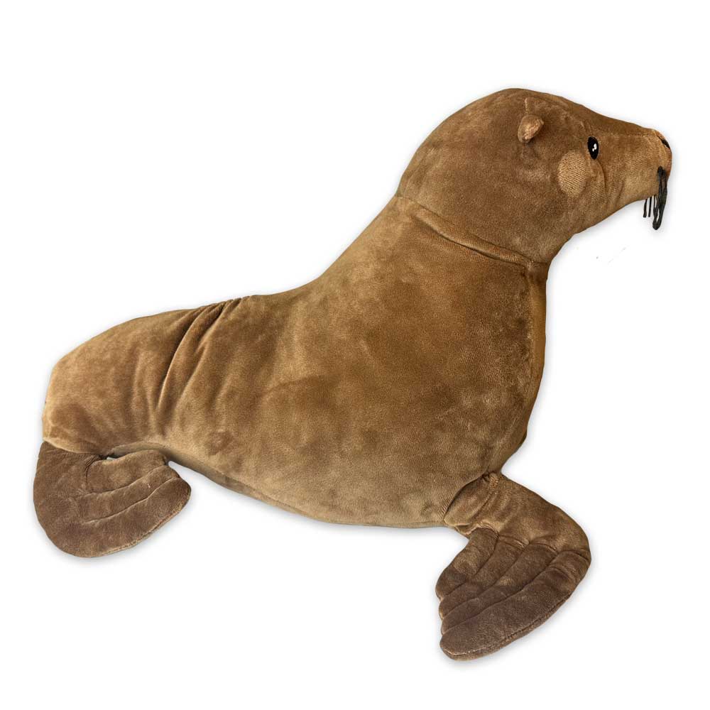 The Earth Pal Sea Lion Plush is a soft brown sea lion toy with flippers, small ears, and black stitched whiskers, made from eco-friendly recycled materials and shown on a white background.