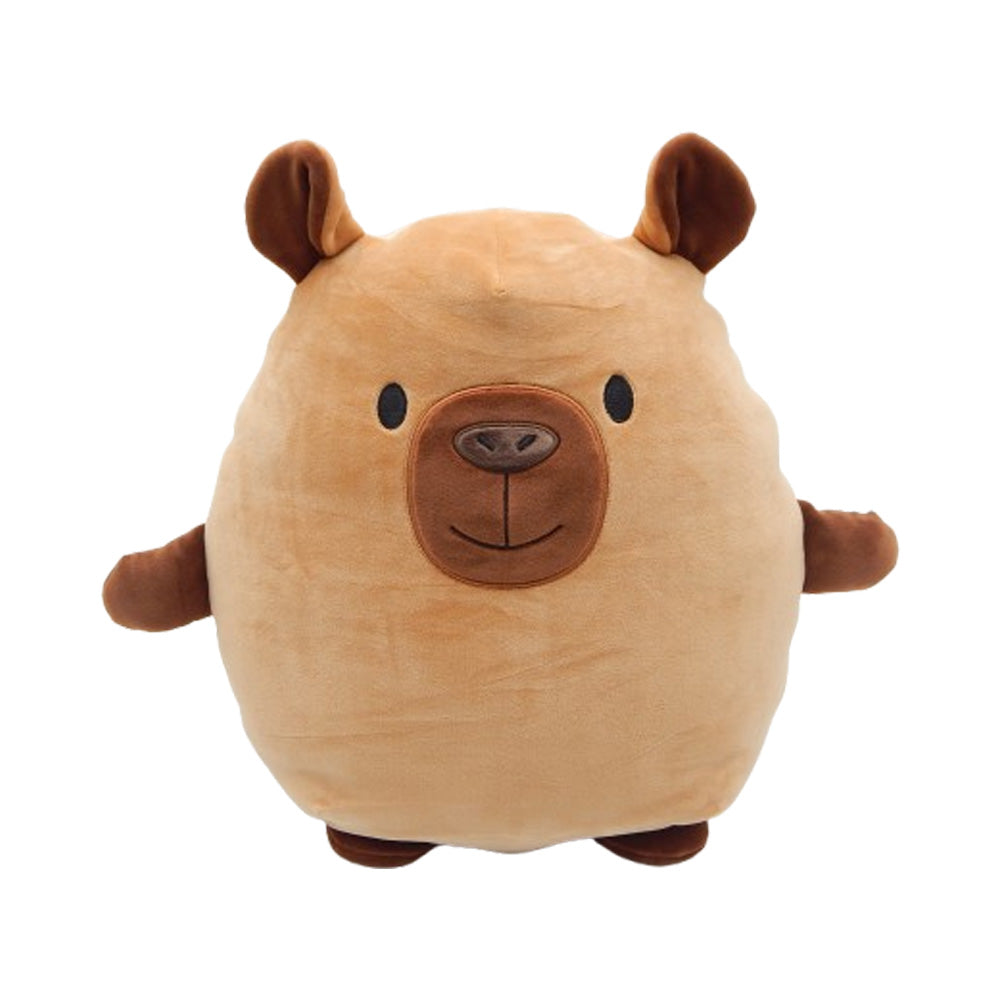The Squish Bean Capybara Plush is a round, light brown soft plush toy with small ears, a brown snout, stitched eyes, a smiling mouth, and short limbs—an adorable cuddly companion shown against a white background.