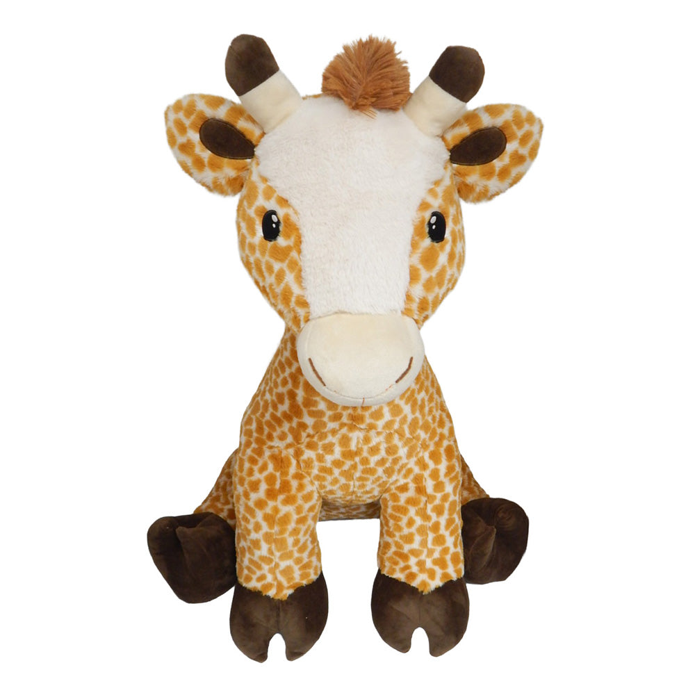 The Jumbo Giraffe Plush sits upright on a white background, featuring brown spots, large black eyes, brown hooves, and two brown ossicones—an adorable oversized stuffed animal perfect for kids.