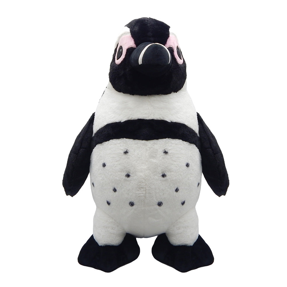 The Jumbo Penguin Plush features a white belly, black spots, wings, and feet, large round eyes with pink patches, plus a black beak with a white ring—making it an adorable addition to any wildlife collection.