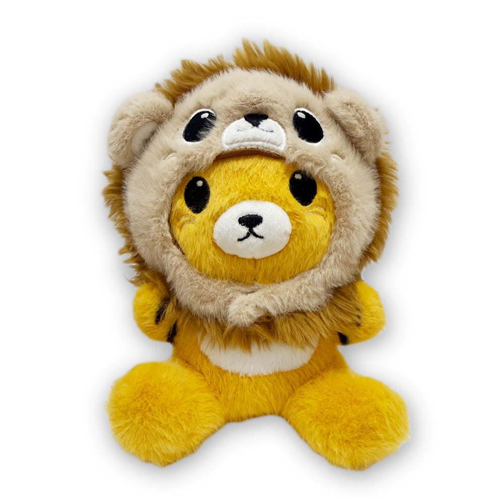 The Tiger Lion Cap Cutie Plush is a yellow bear sitting upright in a soft lion hood. It features black eyes, a black nose, white facial details, and mix-and-match caps that encourage cognitive development.