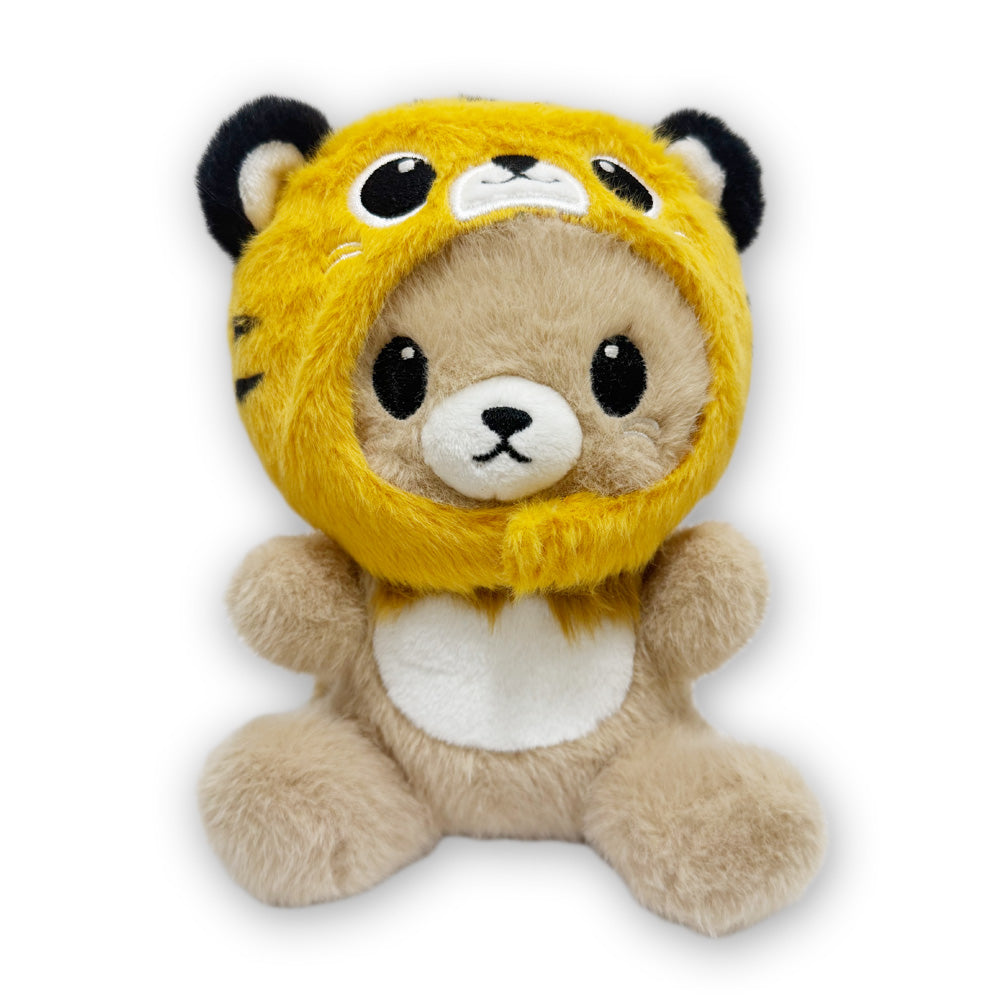 The Lion Tiger Cap Cutie Plush features a fuzzy yellow hood with black tiger stripes, cute ears, and an animal face—perfect for storytelling or early learning. This plush teddy bear sits upright against a white background.