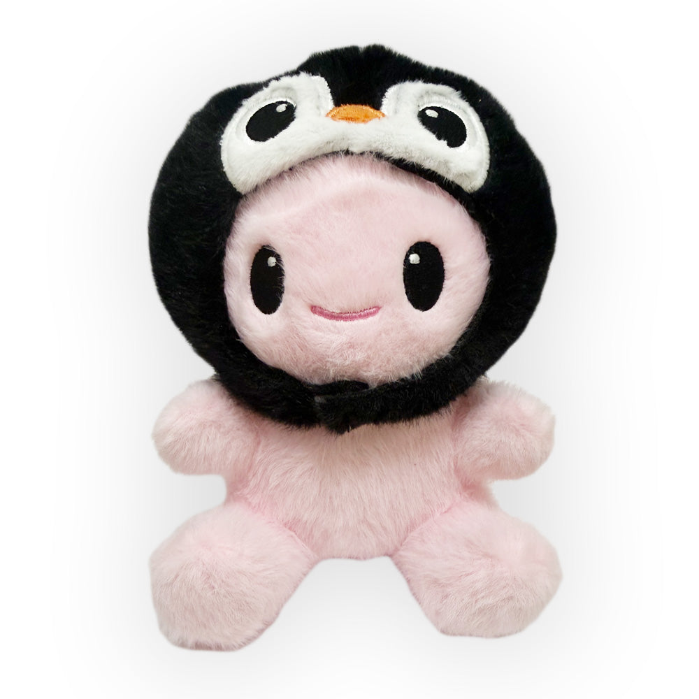 The Axolotl Penguin Cap Cutie Plush is a soft, pink plush toy with a smiling face and a fuzzy black penguin hood featuring big eyes and a yellow beak. Ideal for interactive play, shown on a plain white background.