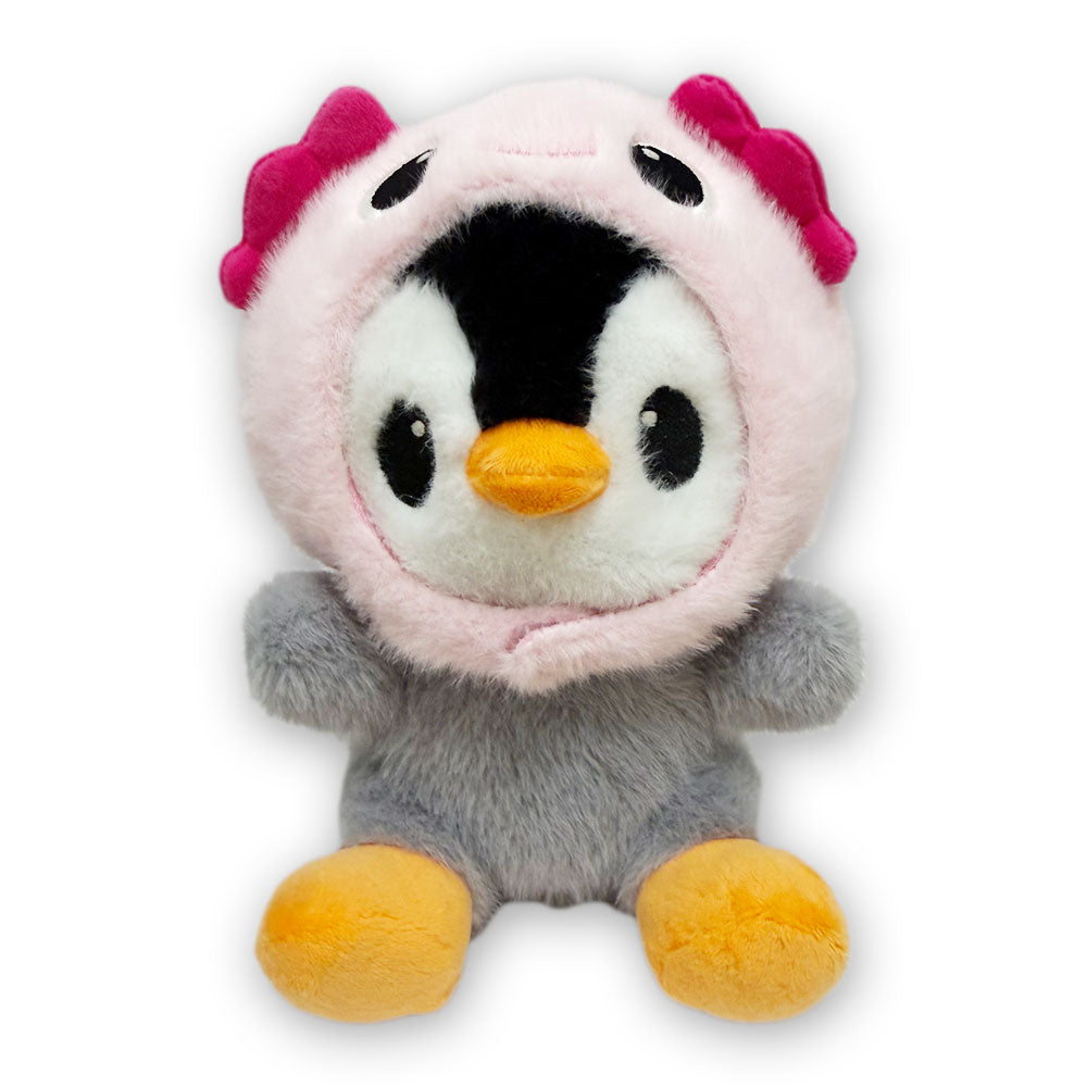 The Penguin Axolotl Cap Cutie Plush features a gray body, yellow beak and feet, big round eyes, and a pink hood with two bright pink fins—an adorable companion for imaginative play. The background is plain white.