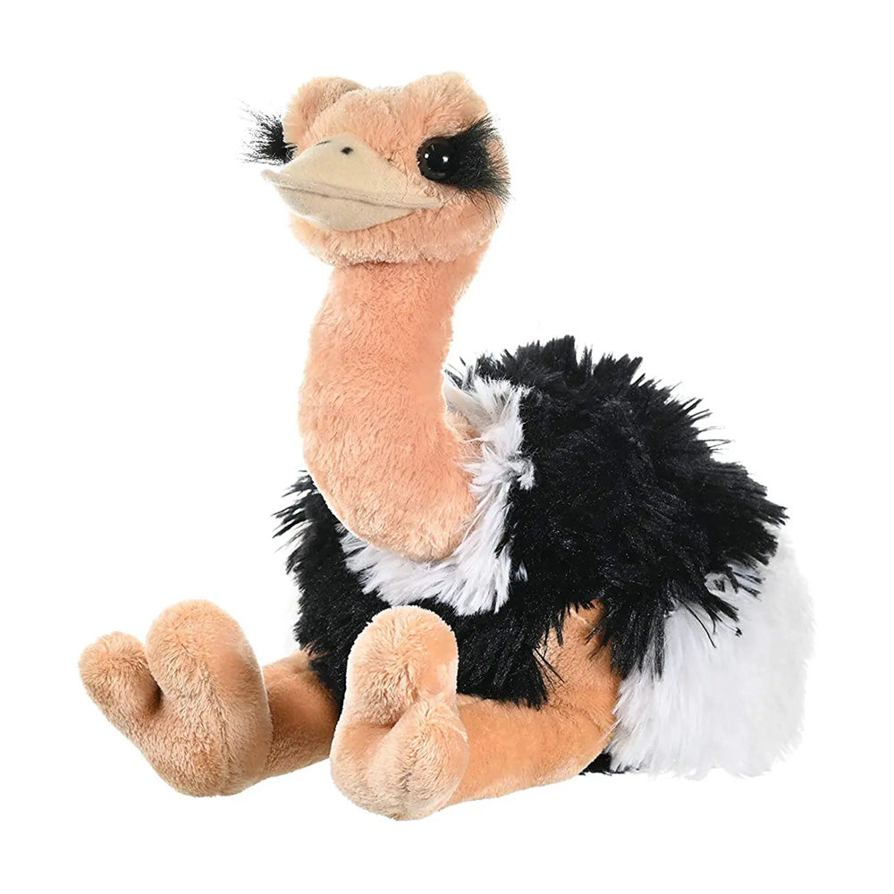 Ostrich Adoption Bundle featuring a plush ostrich toy with tan legs, head, and neck; a black and white fluffy body; long black eyelashes; and sitting upright on a white background—perfect for any animal adoption bundle collection.