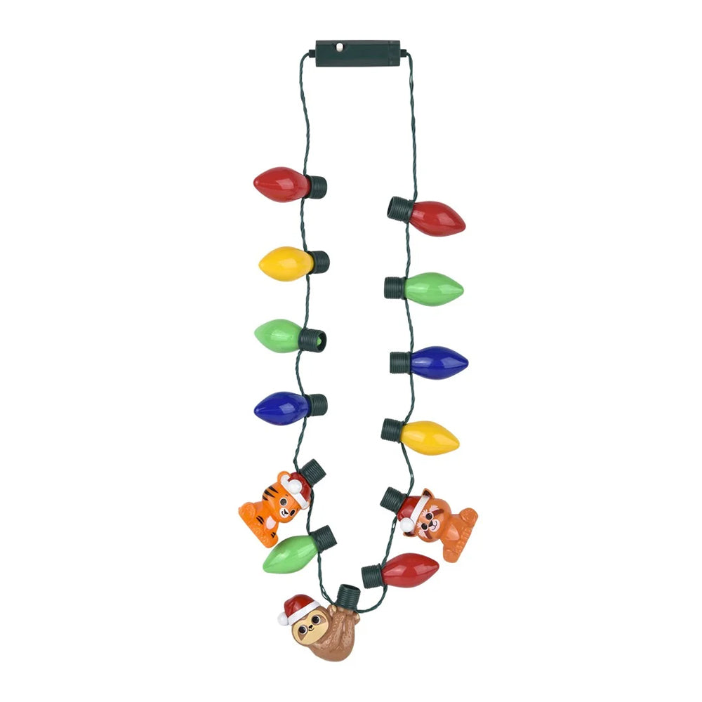 LED Zoo Bulb Lanyard featuring colorful plastic bulbs and three animal figures—a tiger, a bear, and a sloth—all wearing Santa hats.