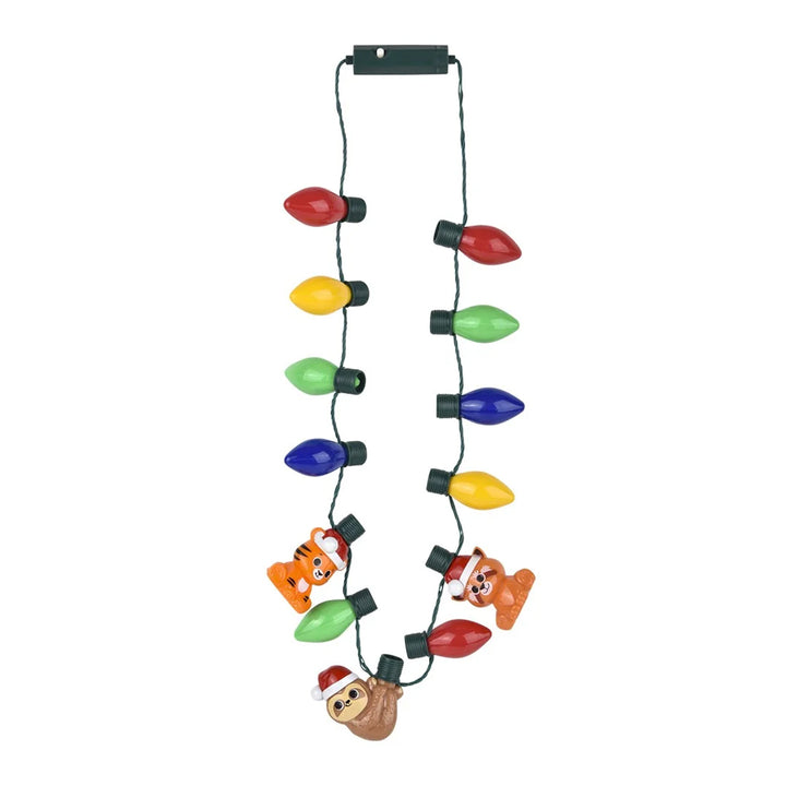 LED Zoo Bulb Lanyard featuring colorful plastic bulbs and three animal figures—a tiger, a bear, and a sloth—all wearing Santa hats.