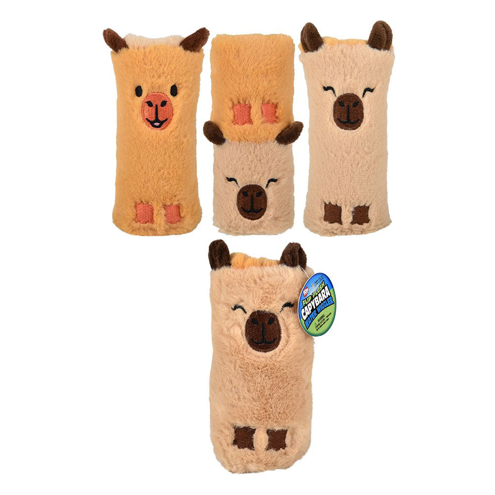 Four light brown Capybara Plush Water Wigglers with cute embroidered faces, small ears, and rounded bodies are displayed against a white background. One plush toy features a tag that reads "CAPYBARA.