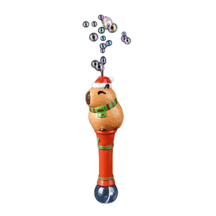 The Light-Up Christmas Capybara Bubble Wand features a winking capybara with a red hat and green collar atop a red handle, blowing bubbles upward—making it the perfect festive holiday toy.