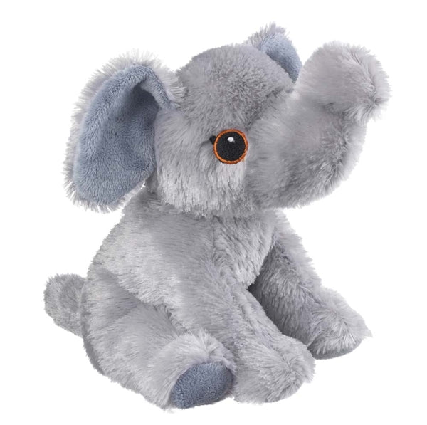 The Eco Plush Stuffed Elephant is a plush gray toy with large floppy ears, a long trunk, and orange-rimmed black eyes, sitting upright on its haunches.