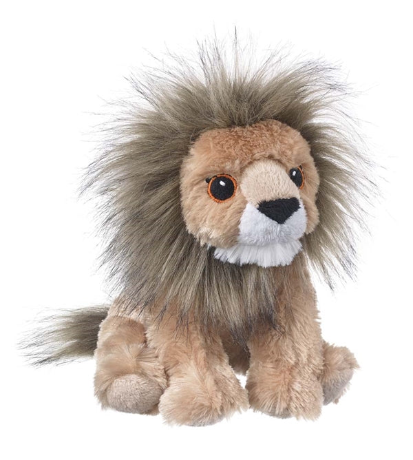 The Eco Plush Stuffed Lion features soft, light brown fur, a fluffy dark brown mane, and large round eyes. It sits upright against a white background.