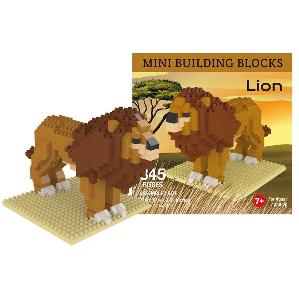 The Mini Building Block Set - Lion includes 345 pieces for a pixel-style lion on a beige baseplate. Packed in a box featuring the finished lion in a savannah scene, this challenging set is perfect for ages 7 and up.