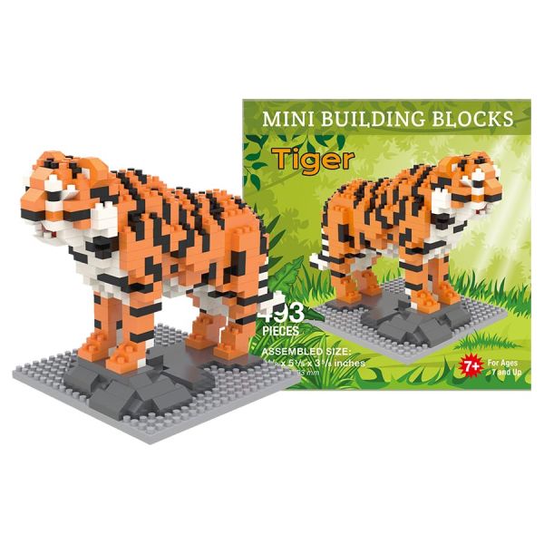 The Mini Building Block Set - Tiger includes 433 pieces for ages 7+, featuring a pixel-style striped tiger on a gray base. The box displays the completed tiger design for easy reference.