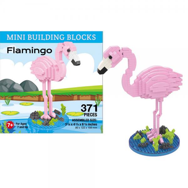 The Mini Building Block Set - Flamingo includes 371 pieces to build a pink flamingo shown by a pond on the box. Ideal for ages 7+, it’s a fun, challenging building toy for kids who love creative play.