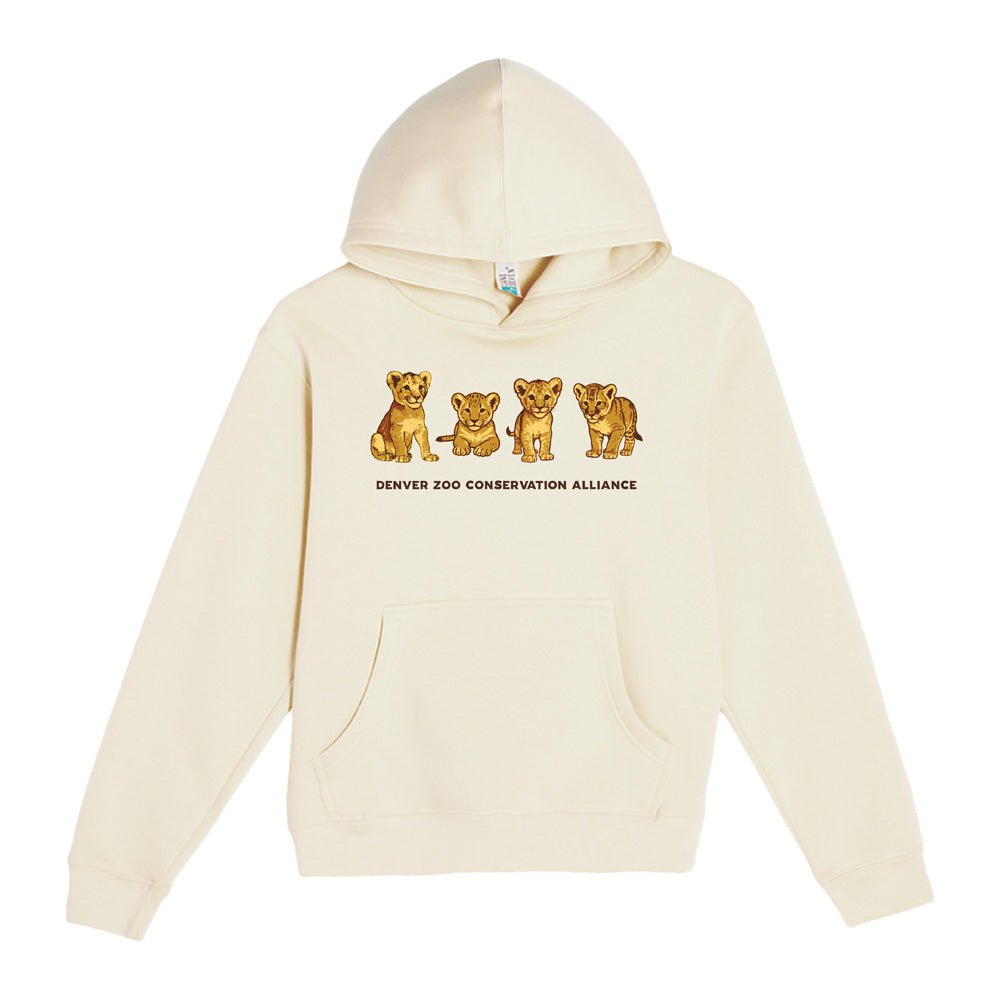 The DZCA Lion Cub Hooded Youth Sweatshirt is cream-colored with four illustrated lion cubs and "Denver Zoo Conservation Alliance" text. Featuring a front pocket and hood, it's ideal for any young animal lover.