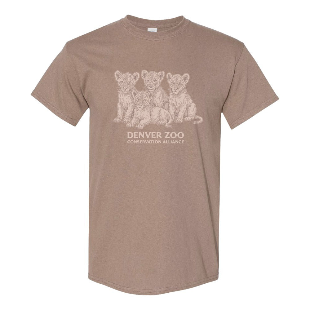 Show your support for wildlife with the DZCA Lion Cub Crew T-Shirt—taupe, featuring a white sketch of four cubs and DENVER ZOO CONSERVATION ALLIANCE text.