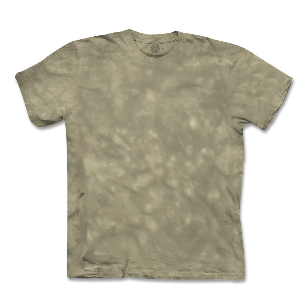 The DZCA African Wild Dog T-Shirt features a subtle light olive tie-dye on white, with wildlife-inspired art for an eco-friendly touch.