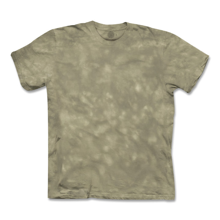 The DZCA African Wild Dog T-Shirt features a subtle light olive tie-dye on white, with wildlife-inspired art for an eco-friendly touch.