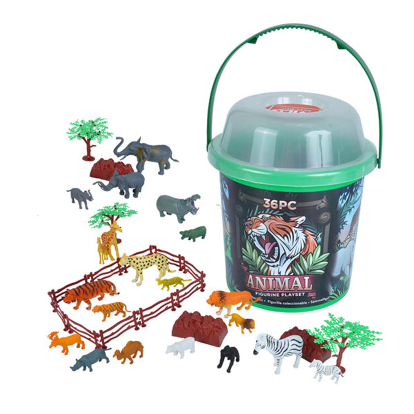 A reusable tub labeled "36pc Bucket of Animals Toy" with a tiger design. Safari toys like animal figurines, trees, and fences are displayed outside to form a safari scene. Total set includes 36 pieces.