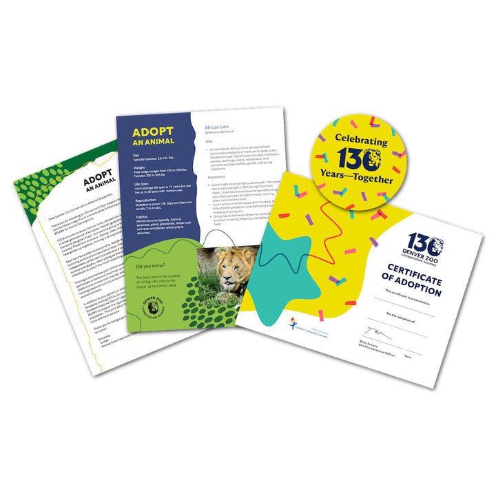 The 130th Anniversary Adoption Bundle includes a letter, brochure with lion photo, colorful Celebrating 130 Years—Together button, and confetti-adorned Certificate of Adoption—perfect for supporting animal care and celebrating this special milestone.