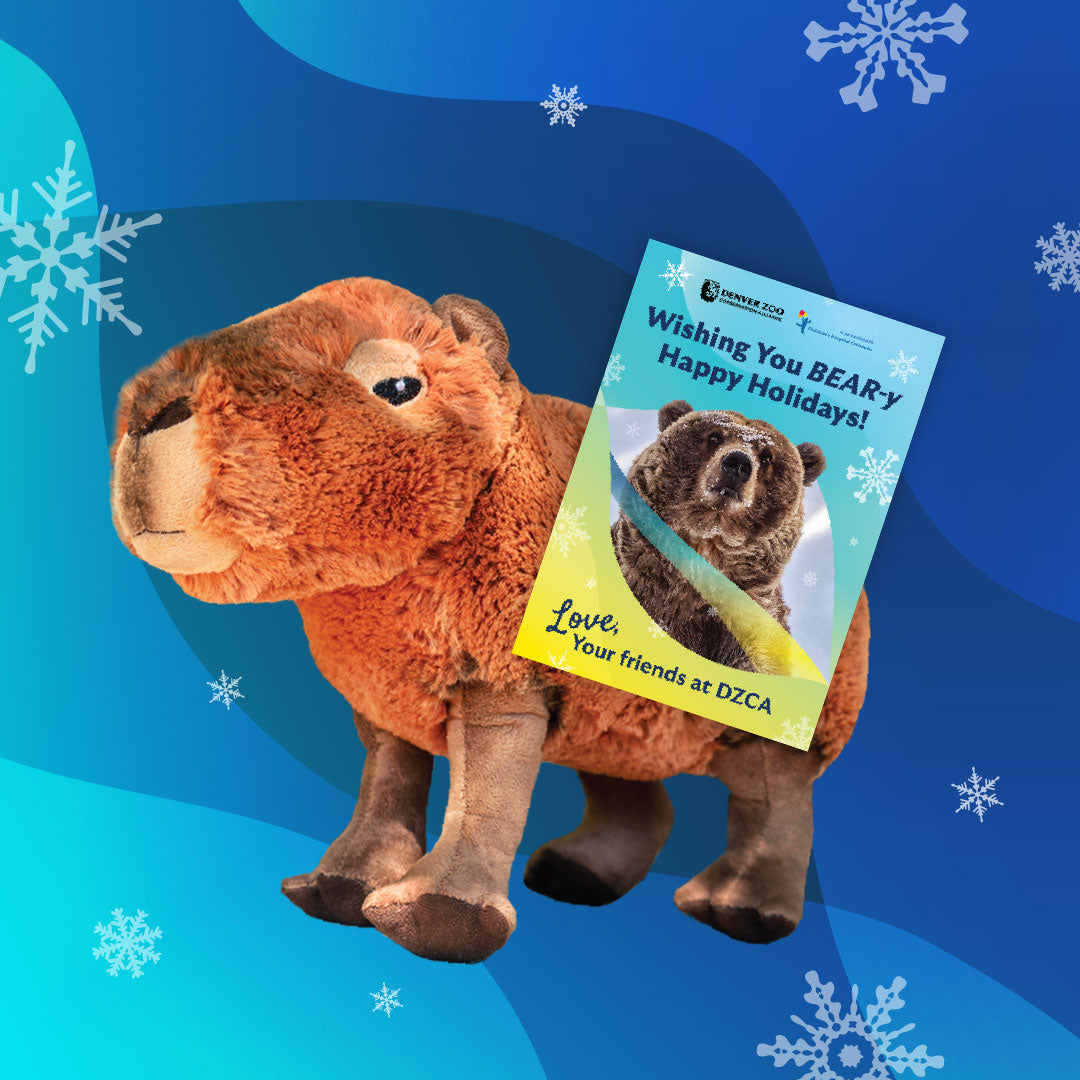 A plush toy from a Capybara Adoption Kit holding a holiday card featuring a bear, the text Wishing You BEAR-y Happy Holidays!, and snowflake graphics against a blue background.