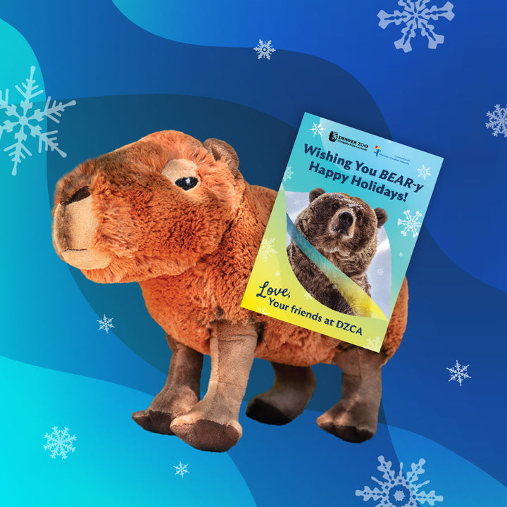 A plush toy from a Capybara Adoption Kit holding a holiday card featuring a bear, the text Wishing You BEAR-y Happy Holidays!, and snowflake graphics against a blue background.