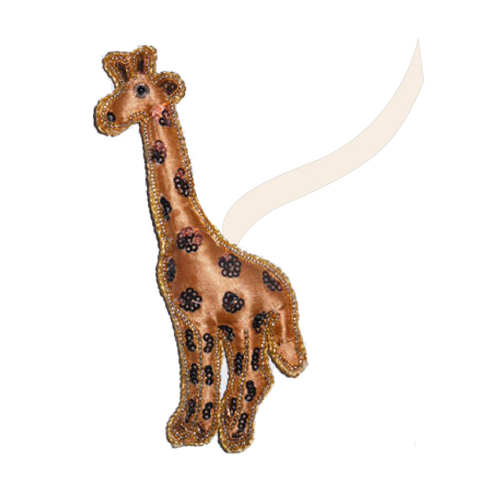 The Sequin Giraffe Ornament features black spots, a long neck, and a beige hanging loop at the back—ideal for adding whimsical holiday decor to any space.