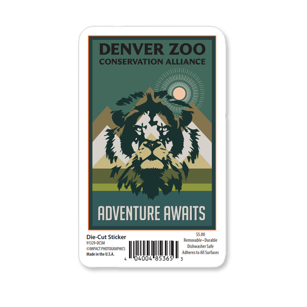 The Adventure Awaits Sticker is a die-cut, dishwasher safe Denver Zoo sticker with a stylized lion, mountains, and sun. It features “Denver Zoo Conservation Alliance” and “Adventure Awaits,” plus price and barcode at the bottom.