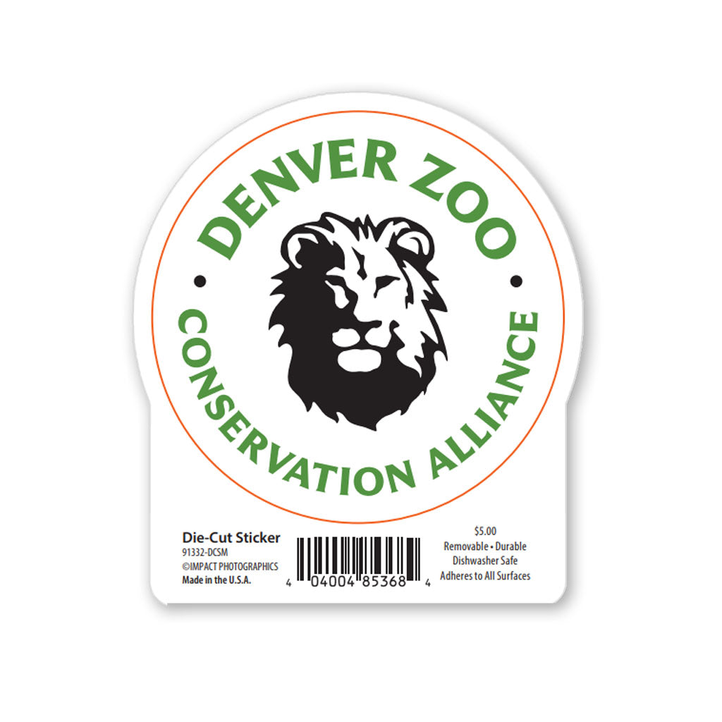 The DZCA Sticker is a round, waterproof, dishwasher-safe Denver Zoo sticker with a black lion’s head in the center, "DENVER ZOO" at the top, and "CONSERVATION ALLIANCE" below in green. Product details and barcode are printed underneath.