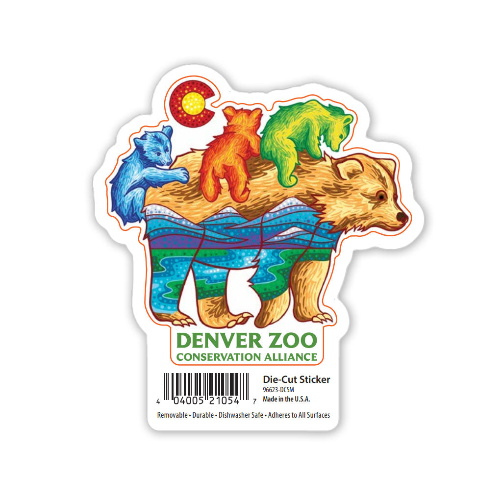 The DZCA Color Pop Bear Sticker features a pointillist bear with three cubs in blue, orange, and green. The bear's body displays river and mountain designs with "Denver Zoo Conservation Alliance" text and a barcode at the bottom.