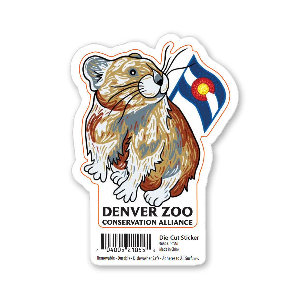 DZCA Color Pop Pika Sticker features a cartoon pika with the Colorado state flag, Denver Zoo Conservation Alliance text, white border, irregular shape, and barcode. Designed in collaboration with a Denver street artist; removable and durable.