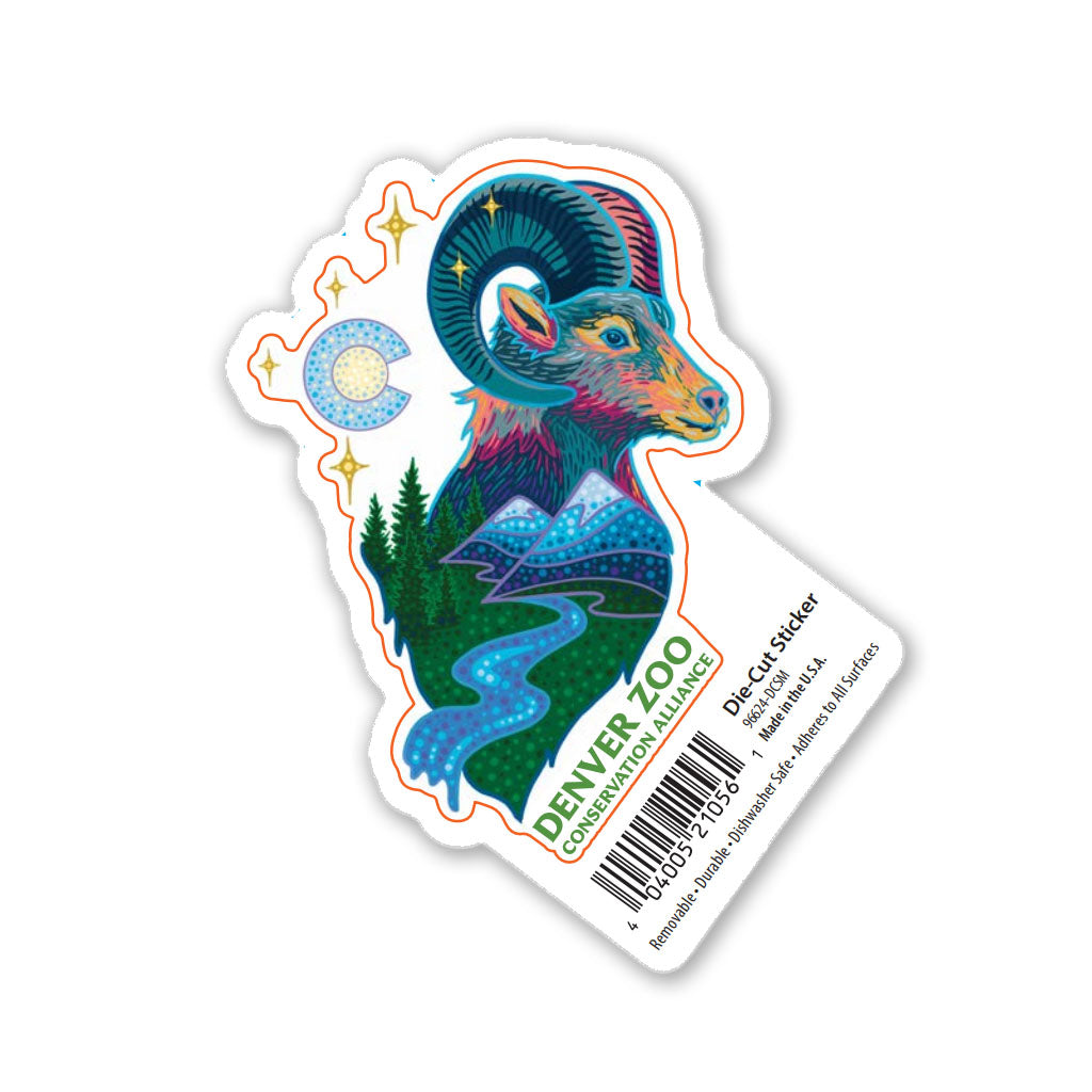 The DZCA Color Pop Big Horn Sheep Sticker features a vibrant bighorn sheep with mountains, trees, a river, and crescent moon in its body. "Denver Zoo Conservation Alliance" is labeled above the barcode and product info below the design.