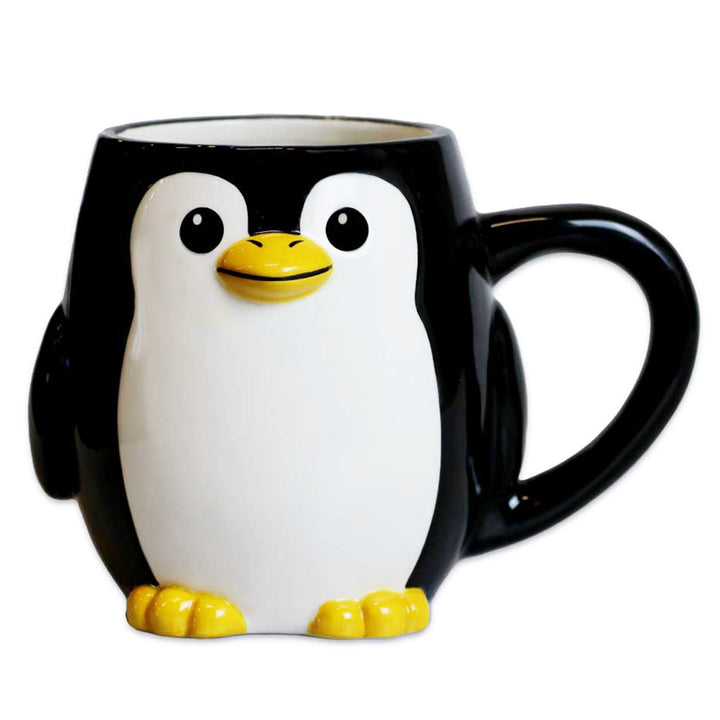 The Penguin 3D Mug showcases a sculptural black and white design with a yellow beak and feet, plus a black side handle. It’s an ideal gift for animal lovers or as a Denver Zoo keepsake. Shown on a white background.