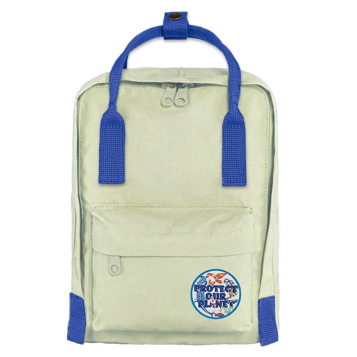 The Protect Our Planet Backpack is a light beige canvas bag with blue handles and straps, a front zip pocket, and a custom patch that says "Love Our Planet" with earth and floral designs.