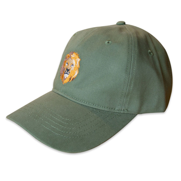 The Lion Icon Embroidered Cap is an olive green cotton hat with a lion's head embroidered on the front—ideal for wildlife enthusiasts.