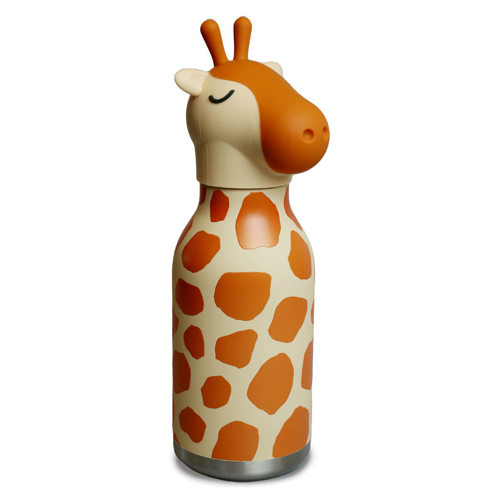 The Giraffe Water Bottle features a giraffe head cap and a tan body with orange spots. Its double-walled vacuum insulation keeps drinks hot or cold for hours, and the bottle is fully leakproof.