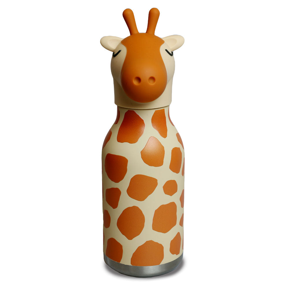 The Giraffe Water Bottle features a cream and orange spotted design with a lid shaped like a giraffe’s head, including ears, horns, and face. Its double-walled vacuum insulation keeps drinks hot or cold for hours and is fully leakproof.