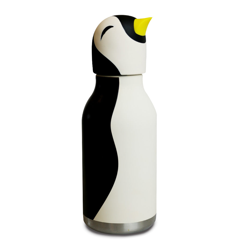 The Penguin Water Bottle features a black and white body, yellow beak, and a cheerful minimalist face on the cap. This leakproof bottle keeps drinks at the perfect temperature and is designed to resemble a penguin.