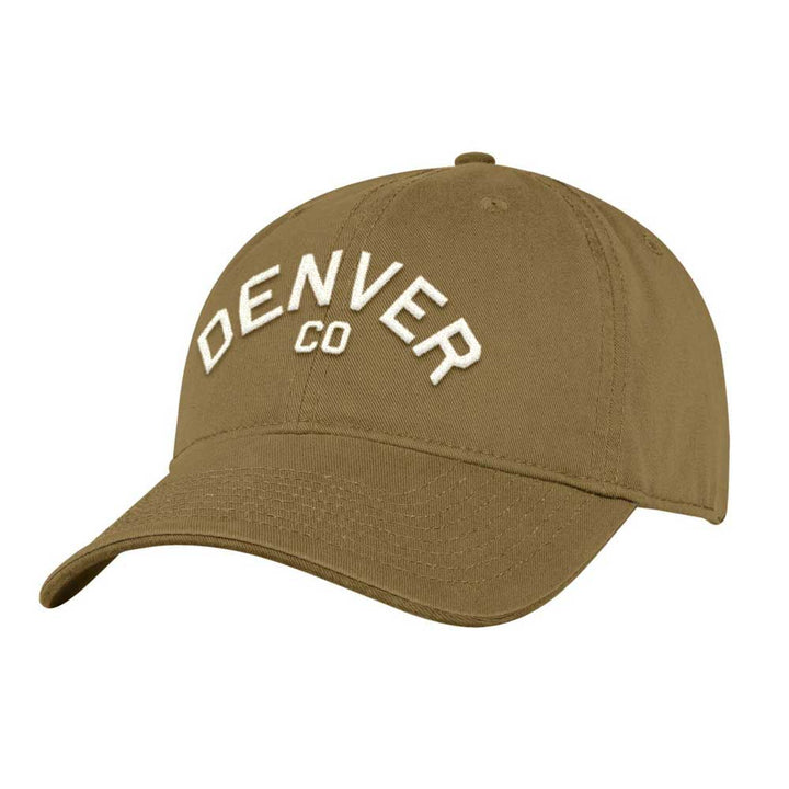 The DZCA Regional Cap is a brown unisex adjustable hat made from recycled polyester with "DENVER CO" embroidered in white on the front, offering classic style and eco-friendly materials for everyday wear.