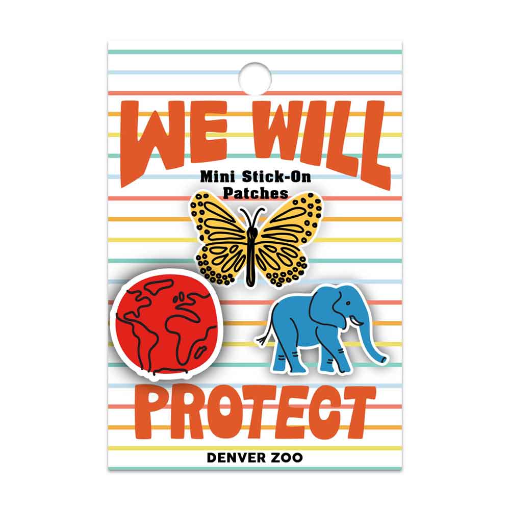The Denver Zoo We Will Protect Mini Stick-On Patch Set features three mini peel-and-stick patches—yellow butterfly, red earth, and blue elephant—on a card with colorful stripes and bold "WE WILL PROTECT" text. "Denver Zoo" is printed at the bottom.