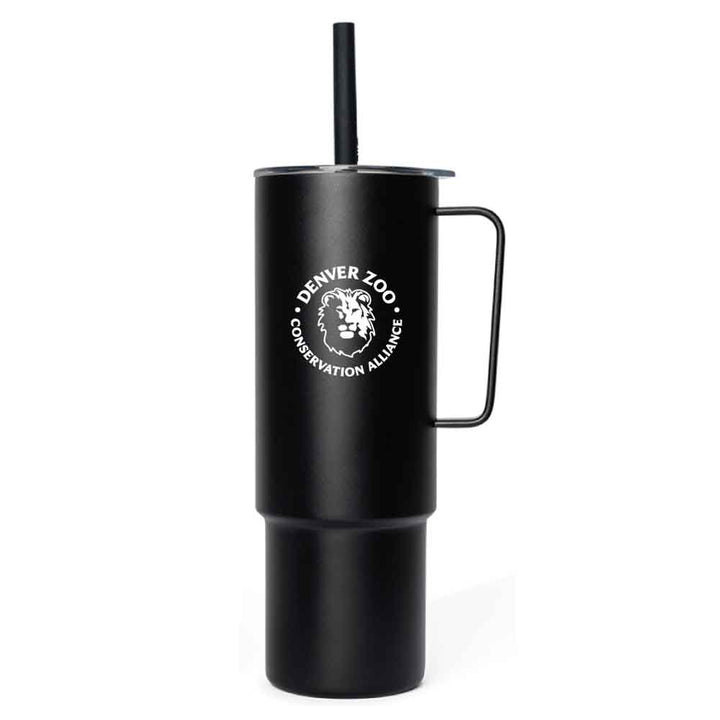 The 32 oz DZCA Logo Straw Tumbler is a tall black water bottle with a handle and straw, featuring the Conservation Alliance lion logo printed in white on the front.