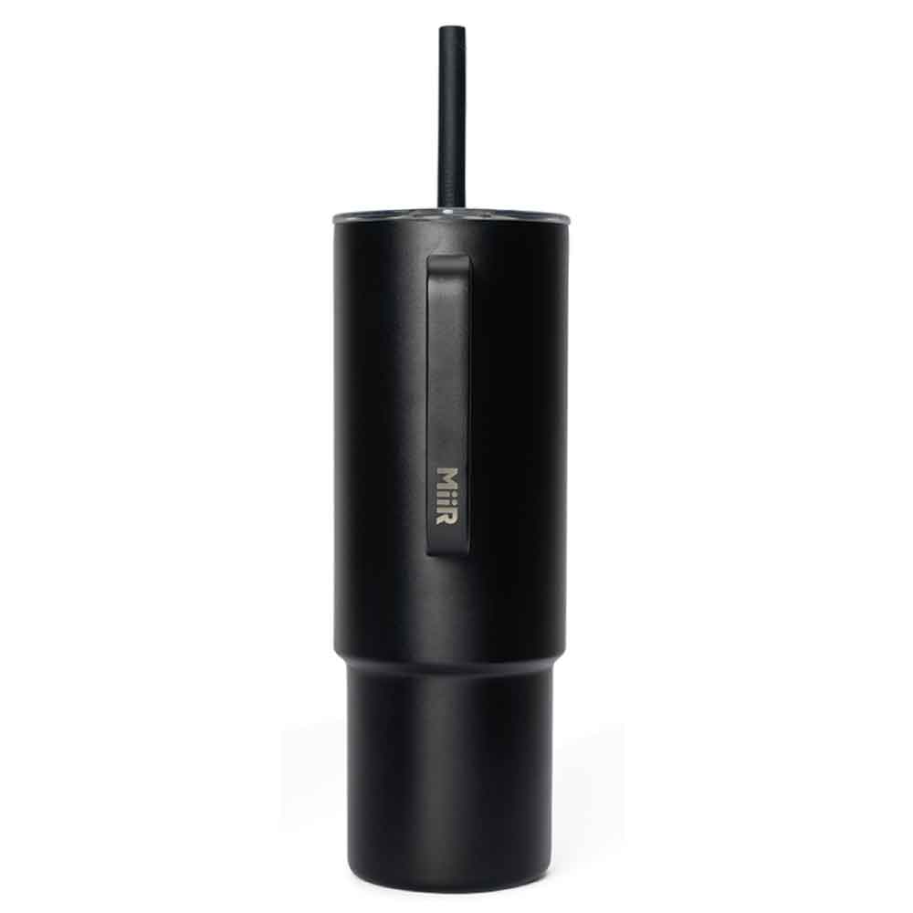 A black stainless steel DZCA Logo Straw Tumbler, 32 oz, with handle, lid, and straw stands upright against a plain white background. The brand name appears in silver letters on the side.