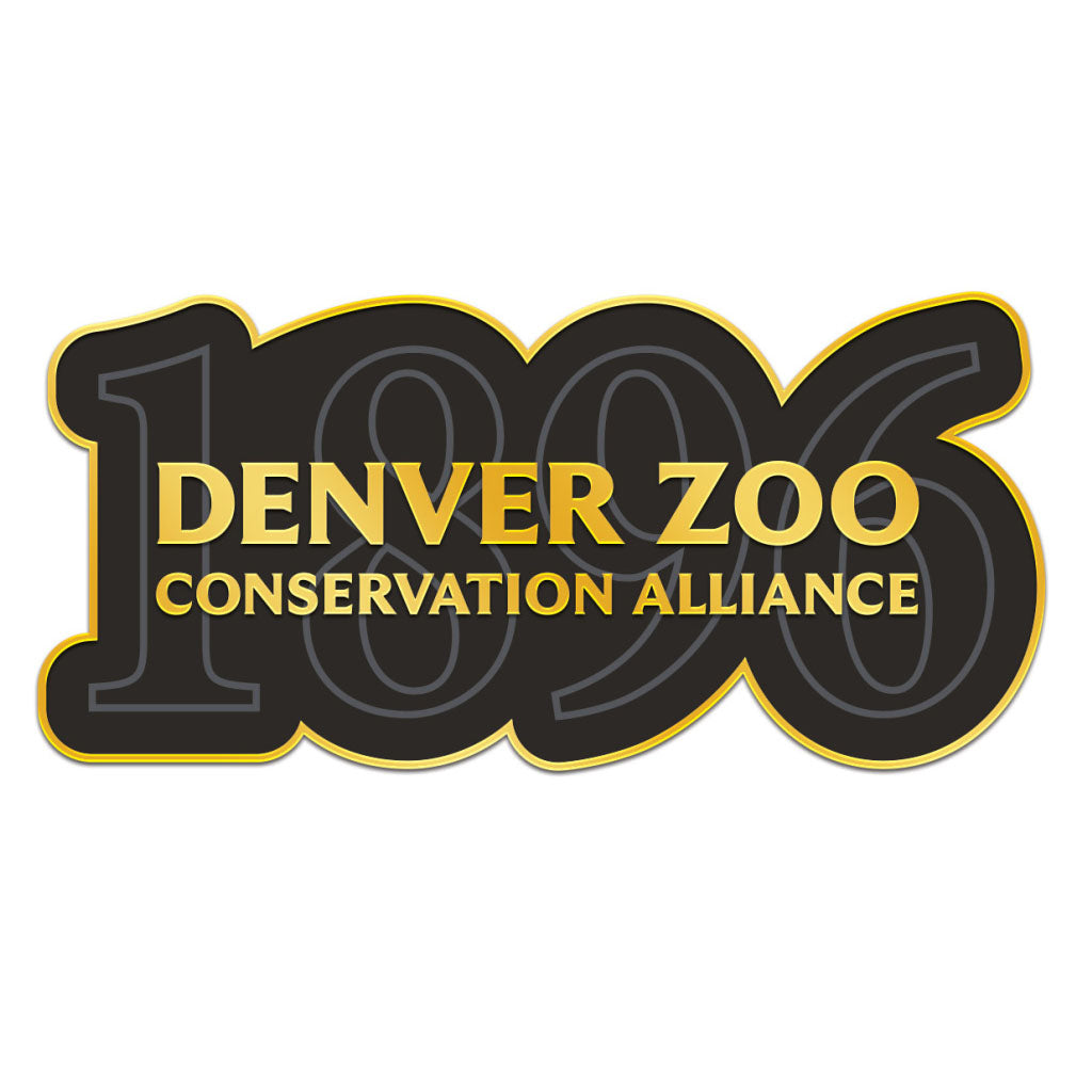 The DZCA 1896 Magnet has large black "1896" numbers outlined in gold, with "DENVER ZOO CONSERVATION ALLIANCE" boldly in gold across them, all on a white background.