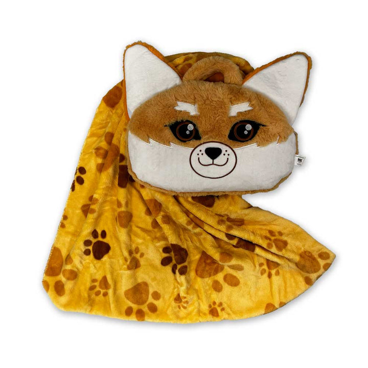 The Fennec Fox Plush Bag Blanket Combo features a plush pillow shaped like a fennec fox face with big eyes and pointy ears, plus a yellow fleece blanket with brown paw prints—perfect for adding coziness to any kid’s room.