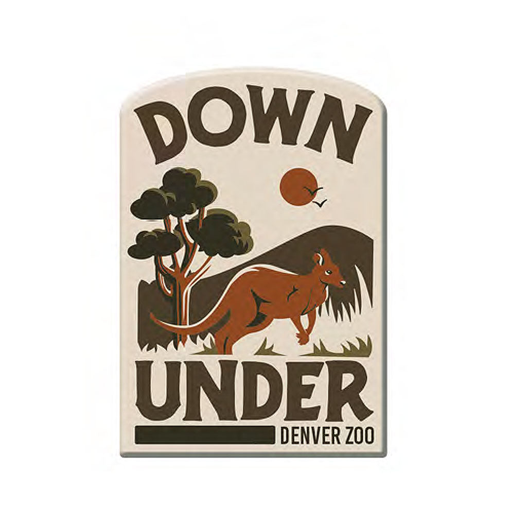 The Denver Zoo Down Under Magnet features a vibrant DOWN UNDER sign with DENVER ZOO, a kangaroo, trees, hills, and a red sun—a perfect Australian-themed souvenir for your collection.